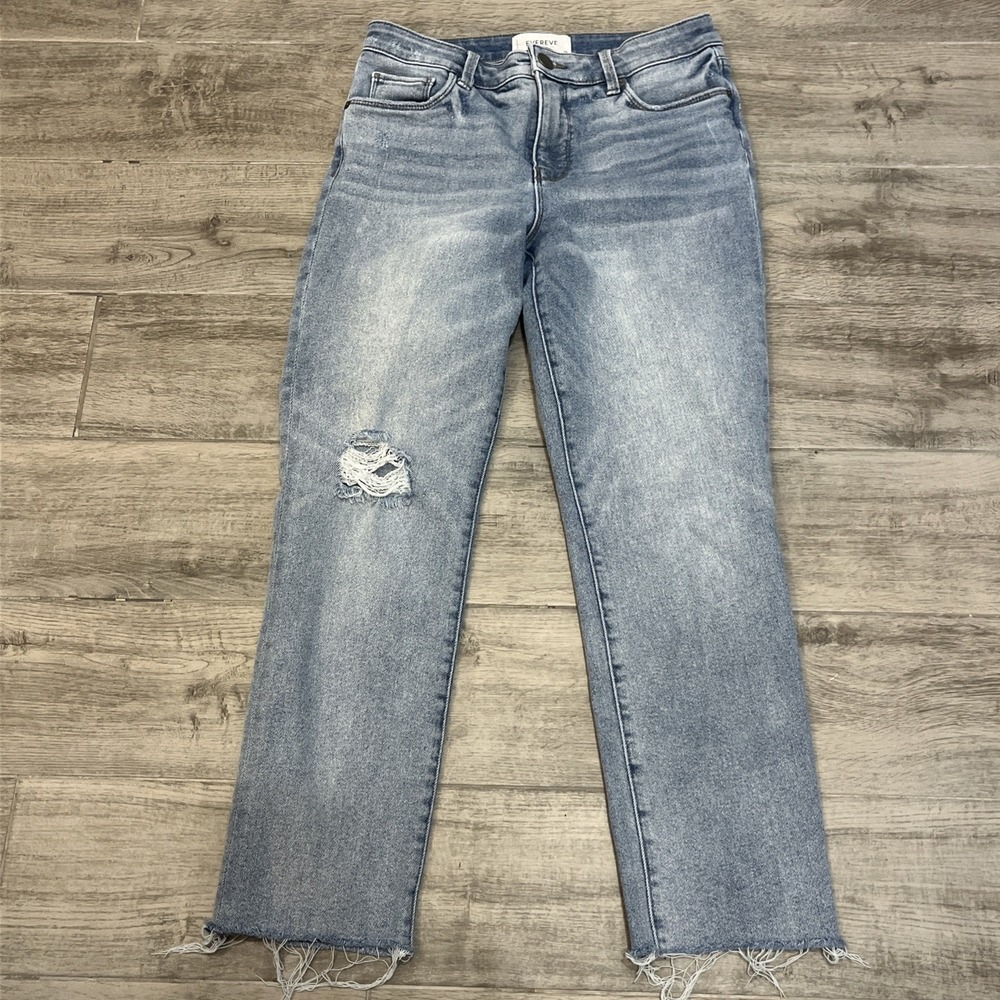 Evereve The Ever Straight High Rise Distressed Denim Cropped Jeans Blue Sz 28